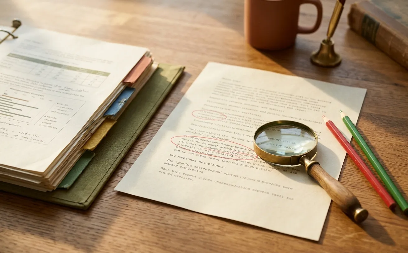 Une table en bois dans une lumière dorée de fin d’après-midi : une lettre imprimée dont deux lignes sont soulignées au crayon rouge, une loupe posée dessus, un classeur ouvert sur des fiches de tarifs et une tasse de café.