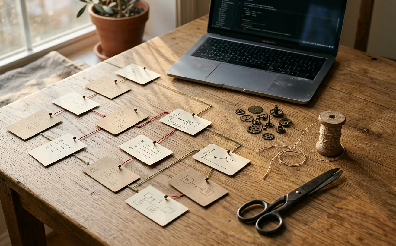 Une table en bois dans une lumière dorée de fin d’après-midi : trois carnets ouverts reliés entre eux par des fils de couleur, une horloge de bureau, un trousseau de clés et des fiches rangées en piles régulières.