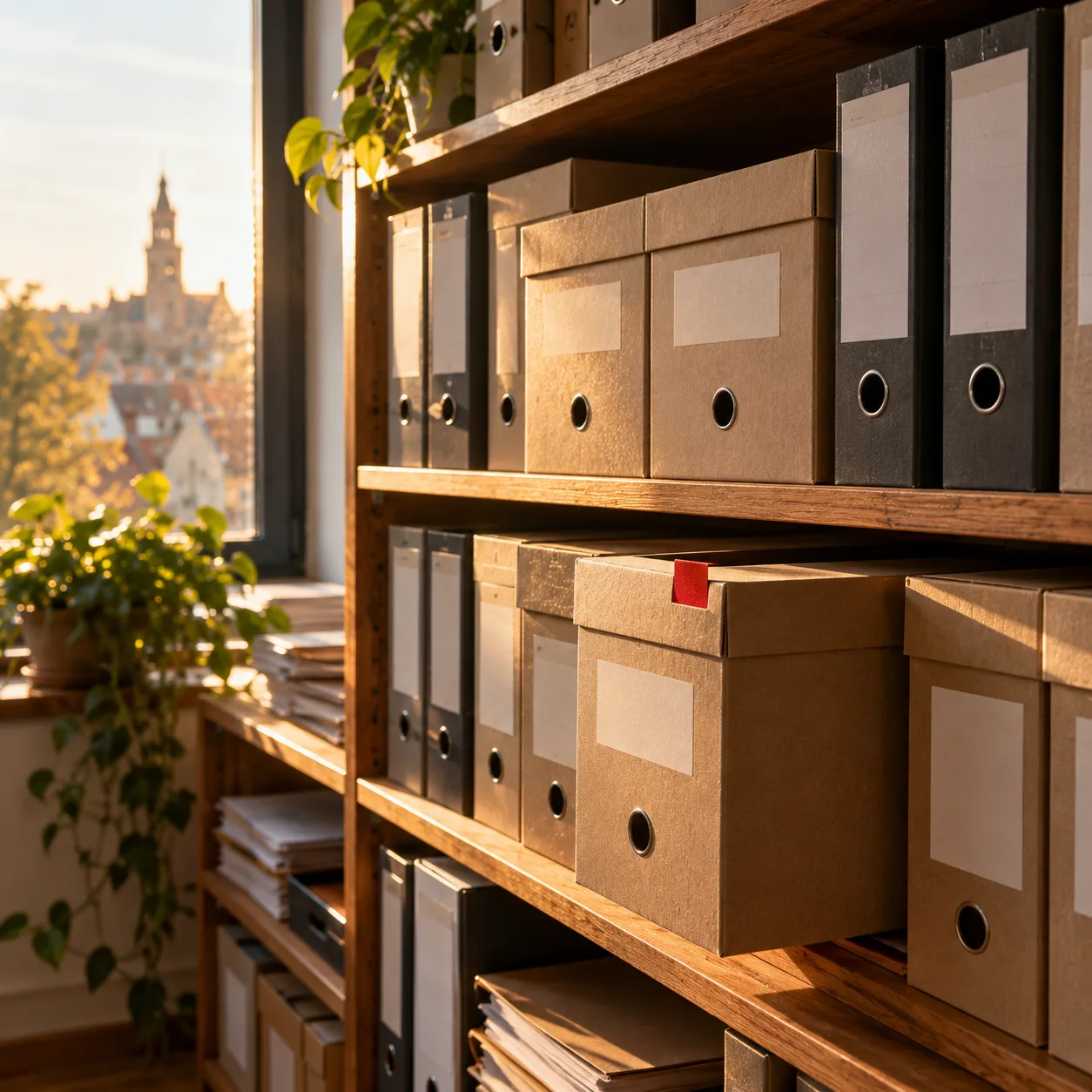Des boîtes d’archives en carton et des classeurs noirs, étiquetés, rangés sur des étagères en bois devant une fenêtre.