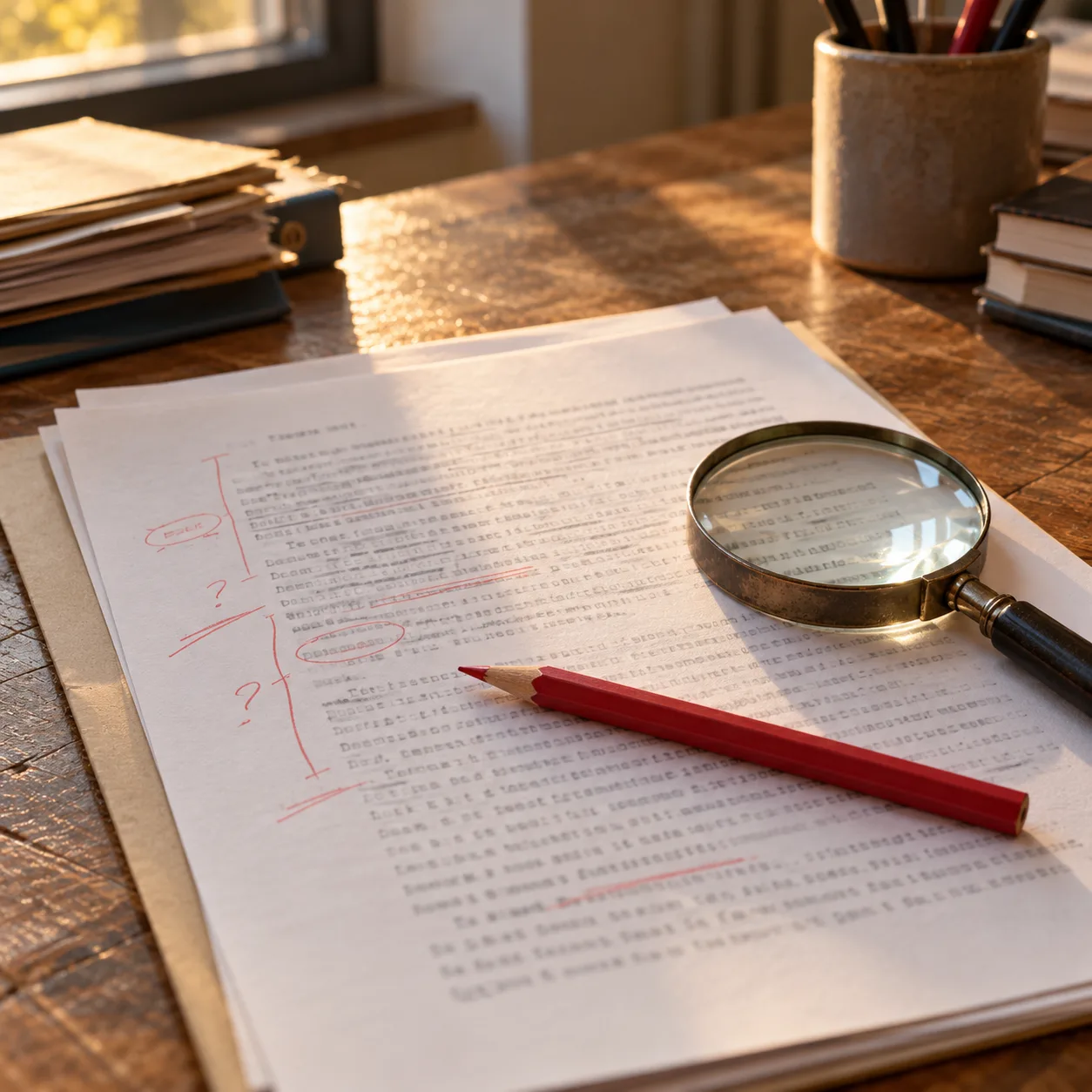 Une page dactylographiée annotée au crayon rouge, avec une loupe posée dessus, sur un bureau en bois.