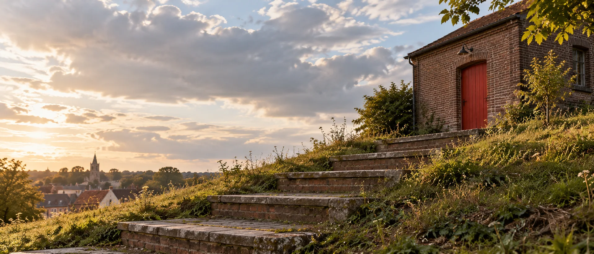 Un escalier de briques monte sur un talus herbeux vers une maison de briques à la porte rouge, au coucher du soleil.