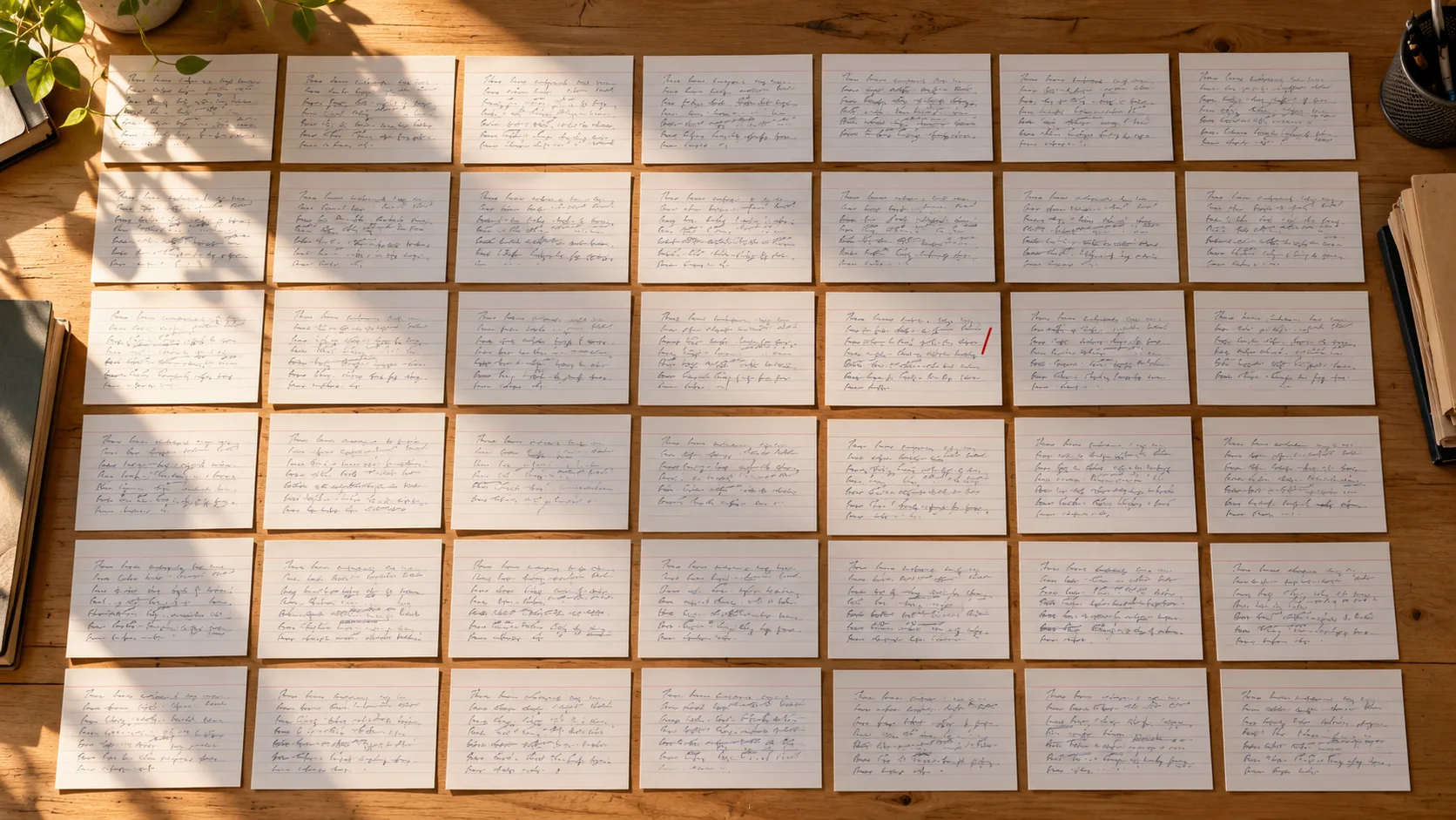 Des fiches manuscrites alignées en rangées sur une table en bois. Un petit trait rouge s’est glissé sur l’une d’elles.